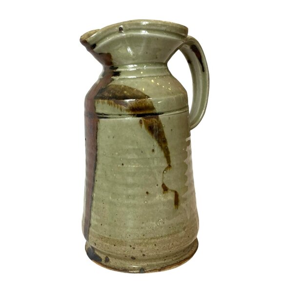 VTG Stoneware Studio Speckled Drip Glaze Beige, Maroon Brown TALL Pitcher - Picture 12 of 14